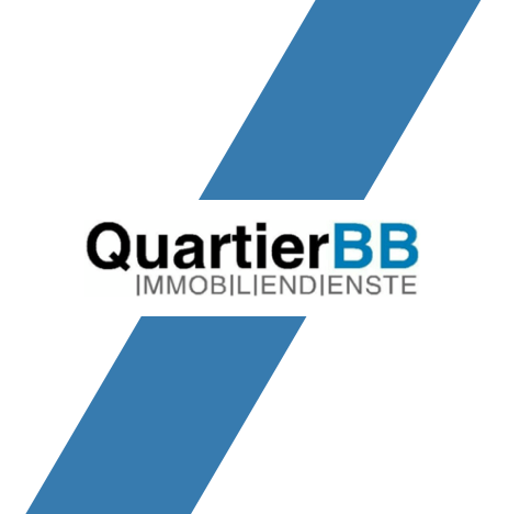 Firmenlogo von QuartierBB Immobiliendienste mit schwarz-blauem Schriftzug, grauem Untertitel und zwei diagonalen blauen Balken.