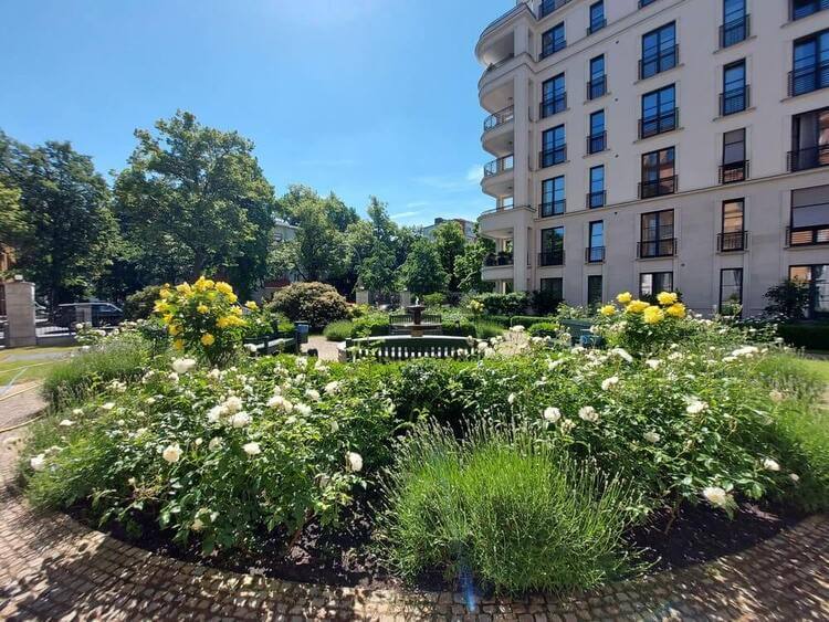 Professionell gepflegte Gartenanlage mit weißen und gelben Rosen, Lavendel, Hecken und Brunnen vor einem mehrgeschossigen Wohngebäude.