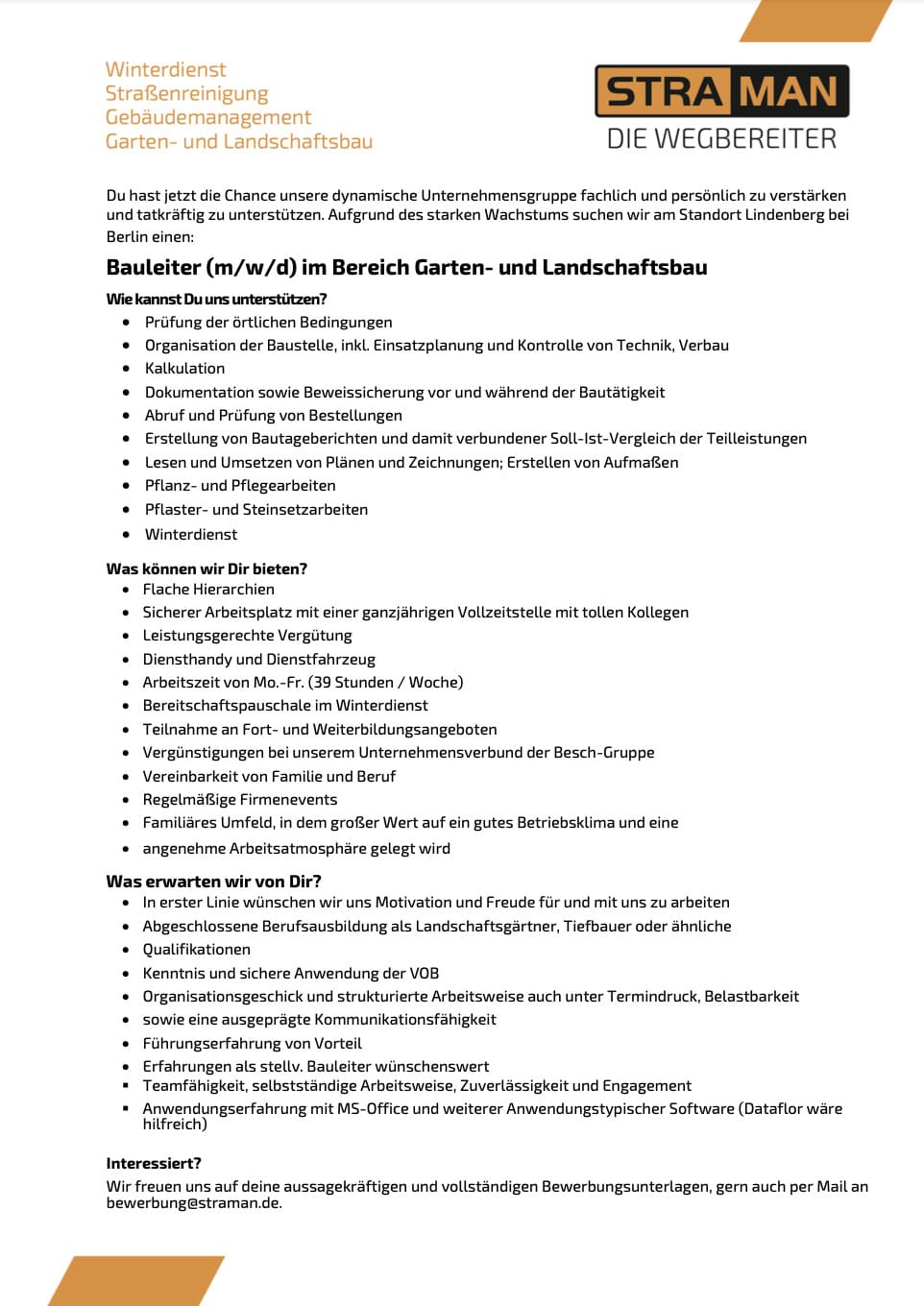 STRAMAN Stellenangebot für Bauleiter (m/w/d) im Garten- und Landschaftsbau am Standort Lindenberg bei Berlin.