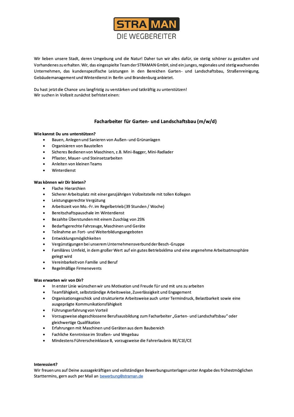 STRAMAN Stellenangebot für Facharbeiter im Garten- und Landschaftsbau (m/w/d) in Vollzeit in Berlin und Brandenburg.