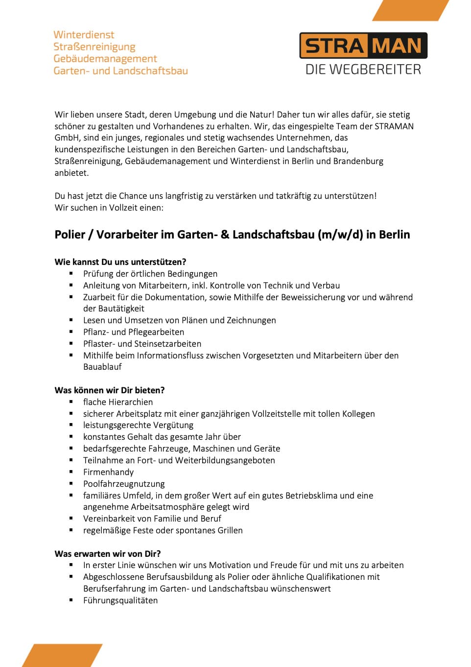 STRAMAN Stellenangebot für Polier oder Vorarbeiter im Garten- und Landschaftsbau (m/w/d) in Vollzeit in Berlin.