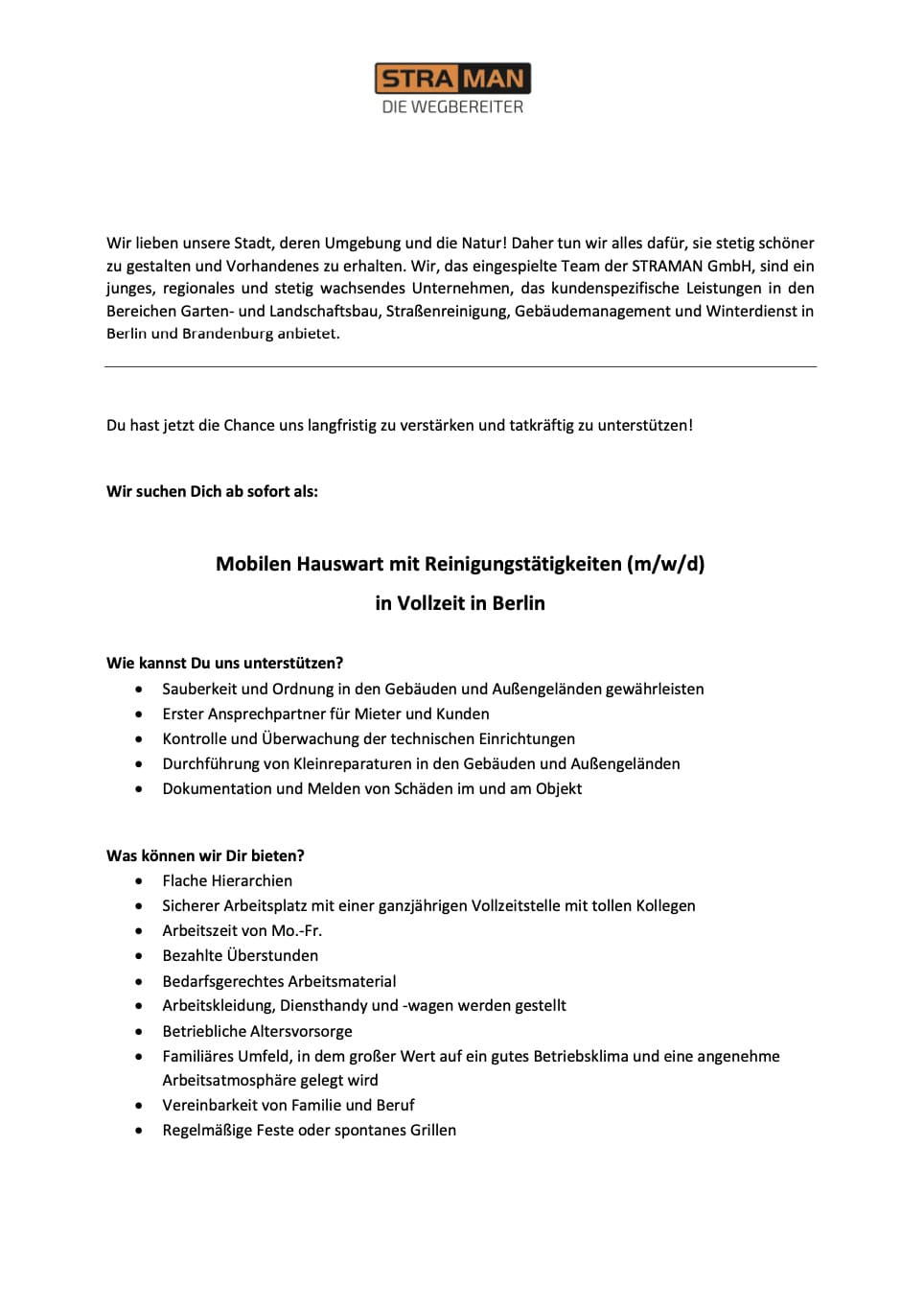 Stellenangebot der STRAMAN GmbH für einen mobilen Hauswart mit Reinigungstätigkeiten in Vollzeit in Berlin.