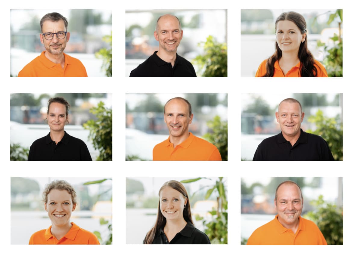 Collage aus neun STRAMAN Mitarbeiterporträts vor hellem Hintergrund.