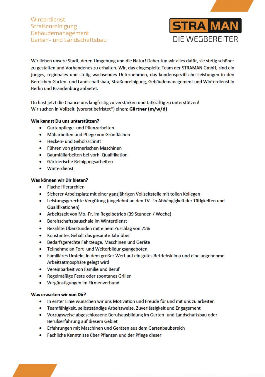 STRAMAN Stellenangebot für Gärtner (m/w/d) in Vollzeit mit Aufgaben in Gartenpflege, Grünflächenpflege, Baumpflege und Winterdienst.