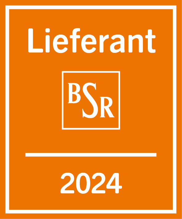 Signet Lieferant 2024 mit BSR-Logo Orangefarbenes Signet „Lieferant 2024“ mit BSR-Logo als Kennzeichnung einer Lieferantenbeziehung im Jahr 2024.