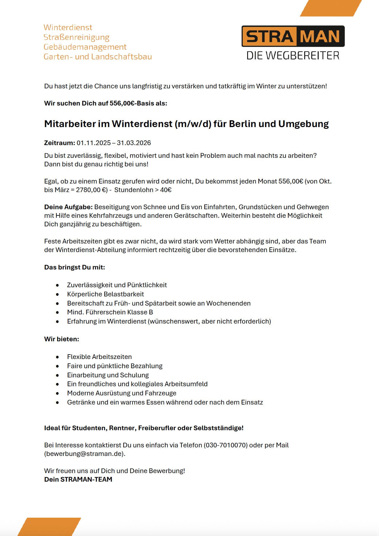 STRAMAN sucht Mitarbeiter im Winterdienst (m/w/d) in Berlin und Umgebung für die Wintersaison 2025/2026